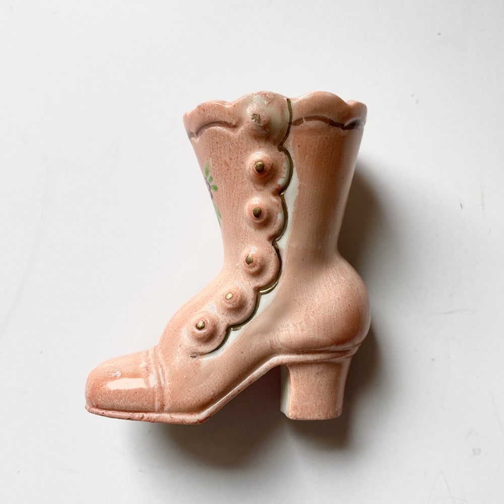 40s Occupied Japan Vintage Ceramic High Heel Boot Mini Bud Vase Toothpick Holder